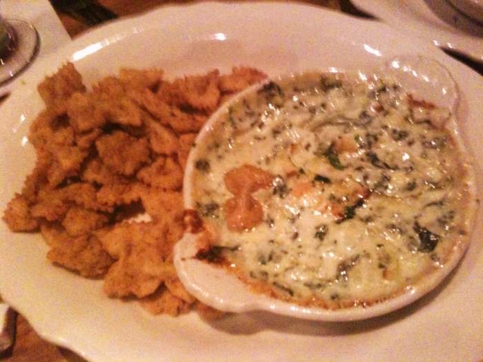 Fried bowtie pasta and spinach dip